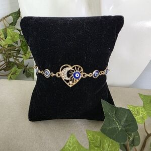 Gold Filled Chain Figaro Bracelet With Blue Evil Eye Sun Moon Star In Heart